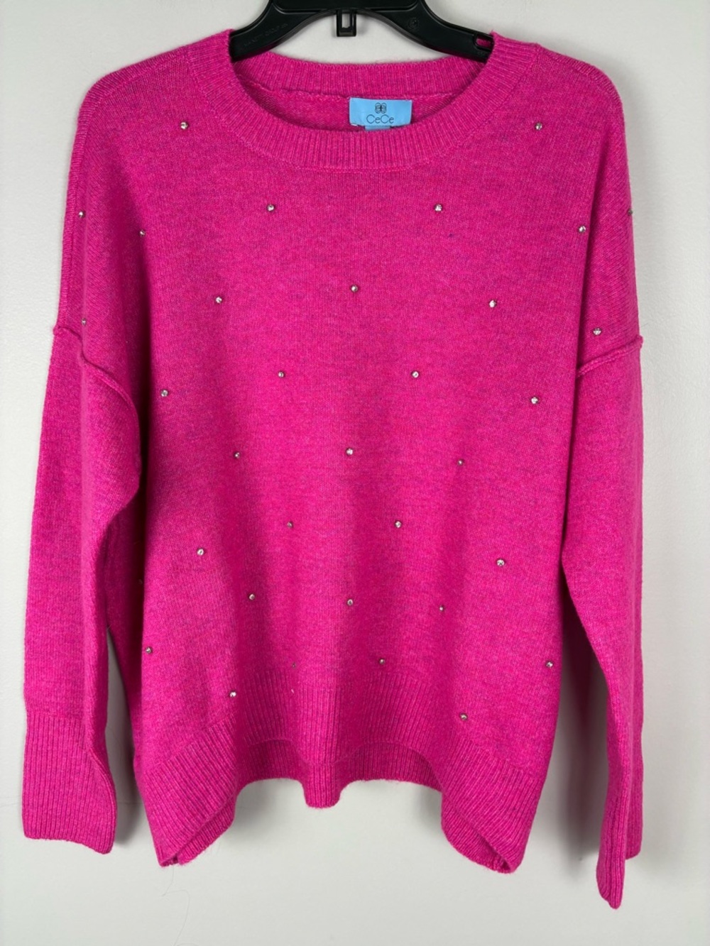 CeCe Crewneck Sweater Rhinestones Oversized Cozy Sz M Barbie Pink Pullover